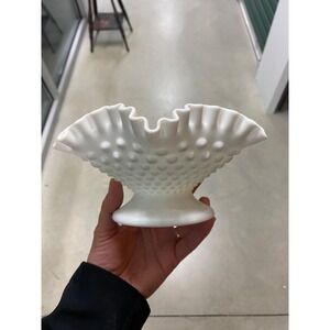 Vintage 4" tall Fenton White Hobnail‎ Milk Glass Small Vase Ruffled Edge